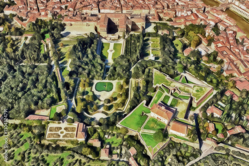 Florence, Tuscany, Italy: painting depicting an aerial view of the Renaissance Italian Boboli Gardens, the ancient Pitti Palace and Belvedere Fort