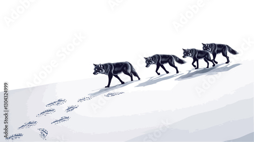 An illustration depicting three stylized black wolves walking in single file across a snow-covered landscape. The wolves are rendered in a minimalist style with dark shading and minimal