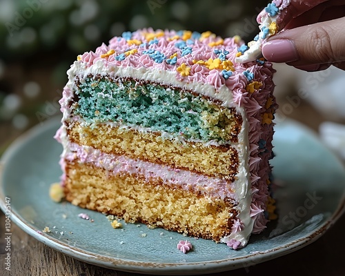Colorful cake slice, hand decorating, pastel colors