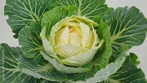 Cabbage's Emerald Embrace: A vibrant head of cabbage, showcases its intricate leafy structure. Close-up focus highlighting the fresh, crisp texture