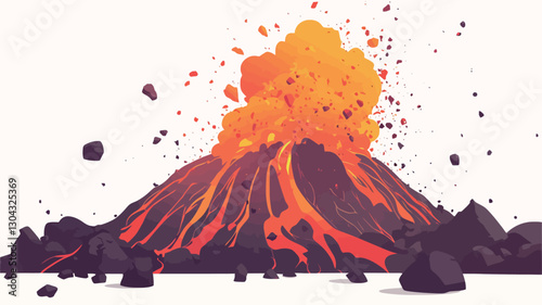 A digital illustration depicting a volcanic eruption. The illustration features a stylized volcano with orange and red lava flowing down its sides.  Dark grey and black rocks surround the