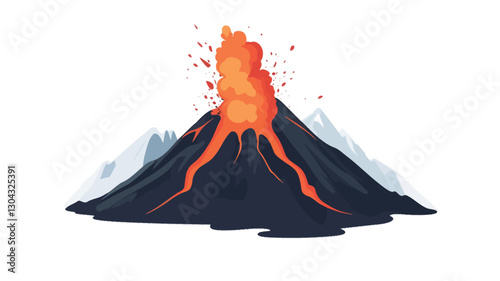 A digital illustration depicting a volcanic eruption.  The illustration shows a dark grey/black volcano with bright orange/red lava flowing down its sides and erupting from the crater.  The