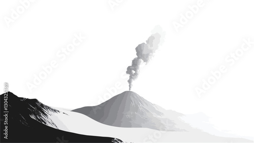 The image is a monochrome photograph depicting a volcanic eruption. The volcano is centrally positioned, with a plume of smoke rising from its peak against a bright, mostly white