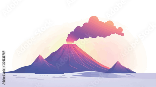 A stylized illustration depicting a volcanic eruption at sunset. The volcano is rendered in shades of purple and pink, with a gradient effect suggesting light and shadow.  Smoke plumes rise