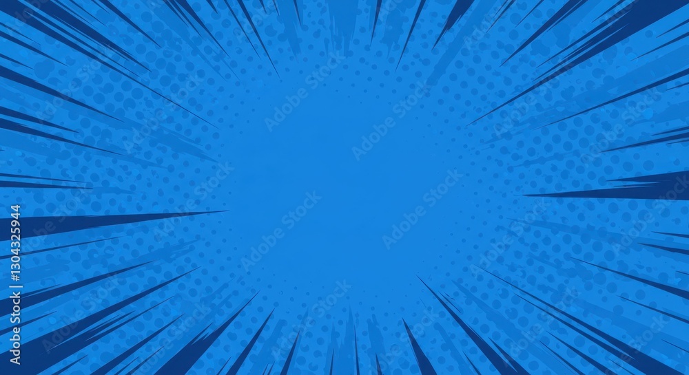 Fototapeta premium Dynamic blue comic book background with radial burst lines and polka dots