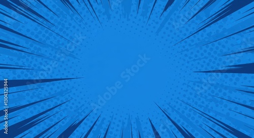 Dynamic blue comic book background with radial burst lines and polka dots