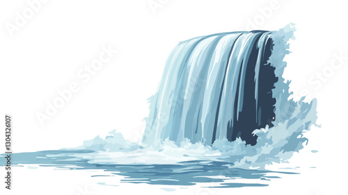 A digital painting or illustration depicts a waterfall cascading down dark-colored rocks into a pool of water. The water is depicted in shades of light and dark blue and white, suggesting