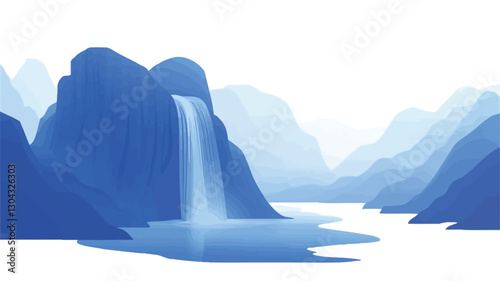 Digital illustration of a stylized landscape. The image features a prominent waterfall cascading down blue mountains into a calm body of water. The color palette is monochromatic, using