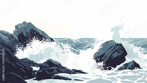 A stylized illustration depicting ocean waves crashing against dark, textured rocks. The waves are rendered with varying shades of white and grey, suggesting foam and movement. The rocks