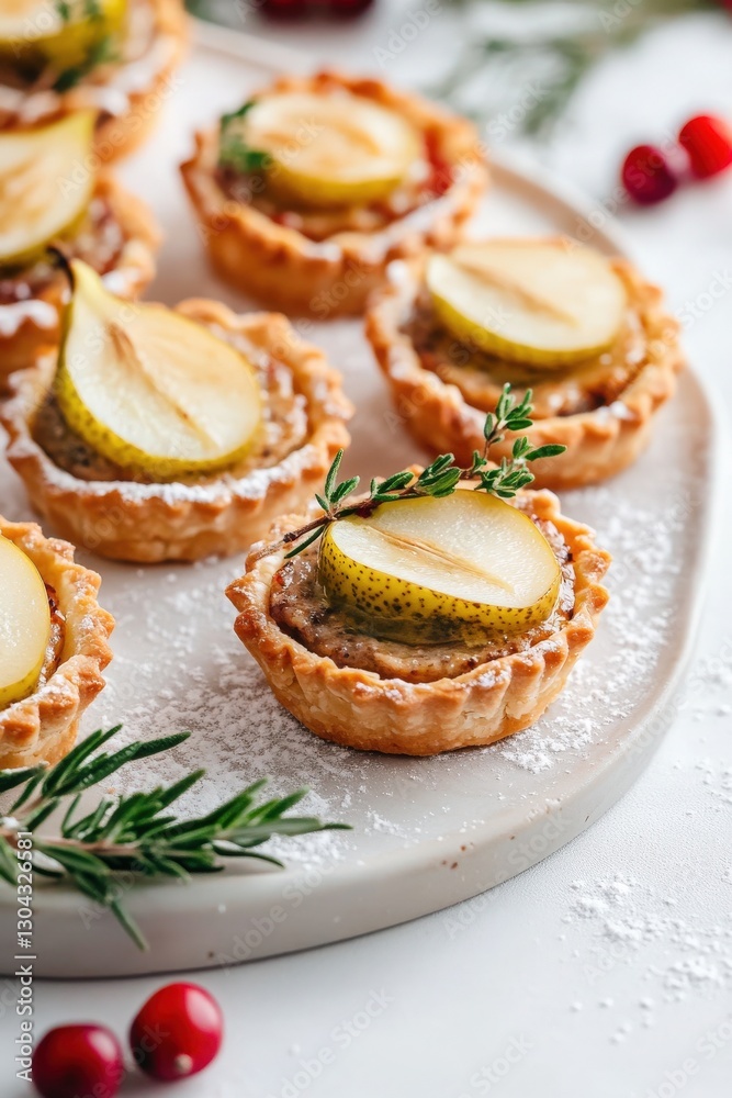 Beautifully detailed photograph of festive mini tartlets with golden brown flaky crust, filled with creamy duck pate and topped with delicate pickled pear slices, presented on a clean white plate Beautifully detailed photograph of festive mini tartlets with golden brown flaky crust, filled with creamy duck pate and topped with delicate pickled pear slices, presented on a clean white plate