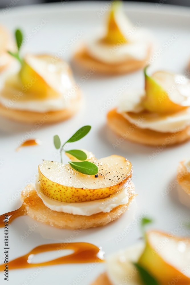 Canapés with sweet pear slices, Brie cheese, drizzle of tangy honey Light airy editing with minimal contrast soft diffused light, creating harmonious elegant aesthetic that highlights natural beauty Canapés with sweet pear slices, Brie cheese, drizzle of tangy honey Light airy editing with minimal contrast soft diffused light, creating harmonious elegant aesthetic that highlights natural beauty