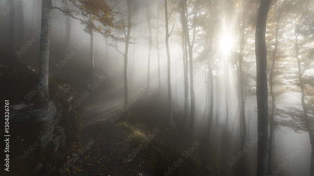 Naklejka premium Misty Forest Path with Sunlight Filtering Through Trees in Autumn Season