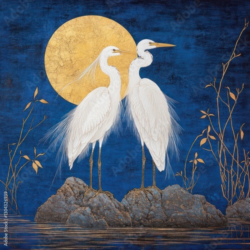 Egrets and Golden Moon Art By Generated AI