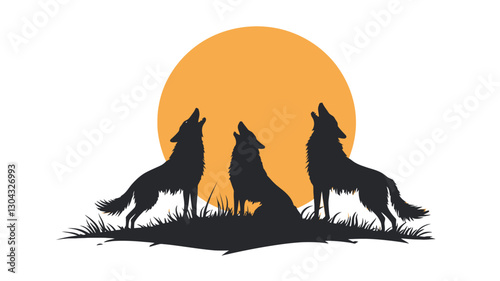 Digital illustration featuring three black silhouettes of wolves howling at a large, orange-yellow watercolor-style moon. The wolves are depicted in a stylized manner, standing on a small