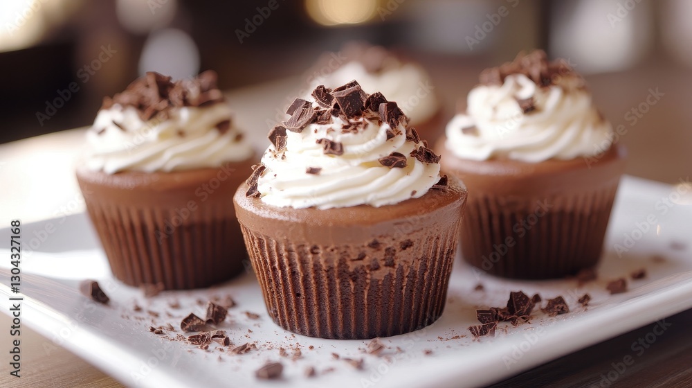 Three delectable chocolate mousse cups, adorned with a cloud of whipped cream and a scattering of chocolate pieces, lay temptingly on a white plate, inviting indulgence. Three delectable chocolate mousse cups, adorned with a cloud of whipped cream and a scattering of chocolate pieces, lay temptingly on a white plate, inviting indulgence.