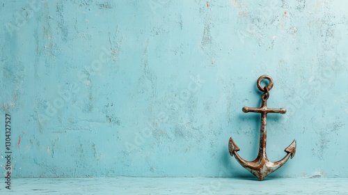 An antique anchor stands against a textured blue surface, symbolizing stability and strength, and evoking maritime themes with an artistic and vintage touch. photo