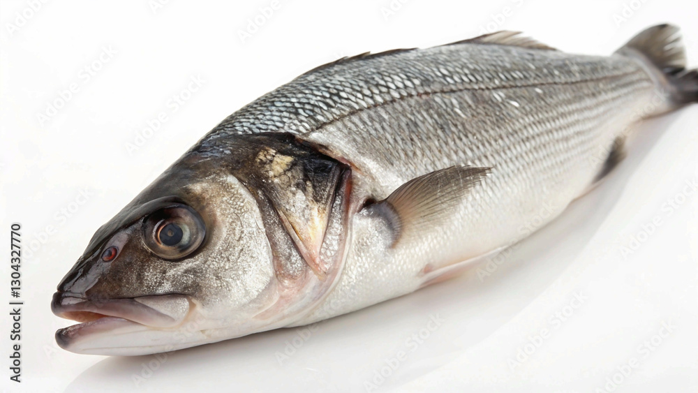 Isolated culinary still life of a silver and white sea bass, highlighting its detailed scales and open mouth against a pure white backdrop. Isolated culinary still life of a silver and white sea bass, highlighting its detailed scales and open mouth against a pure white backdrop.