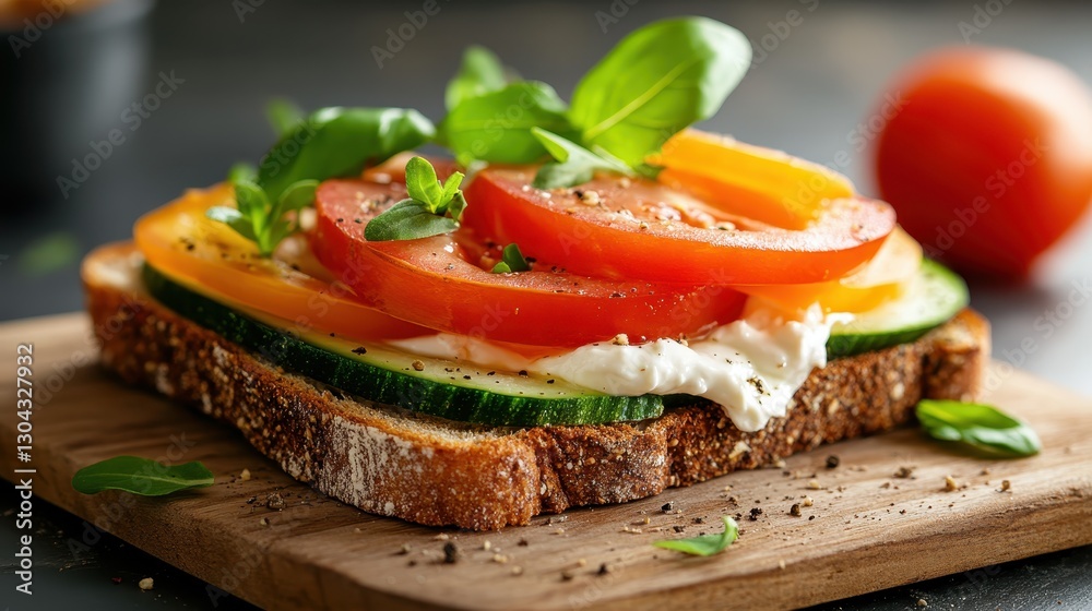 A beautifully crafted toast featuring layers of fresh tomatoes, cucumbers, peppers, and garnished with herbs, showcasing an elegant culinary approach. A beautifully crafted toast featuring layers of fresh tomatoes, cucumbers, peppers, and garnished with herbs, showcasing an elegant culinary approach.
