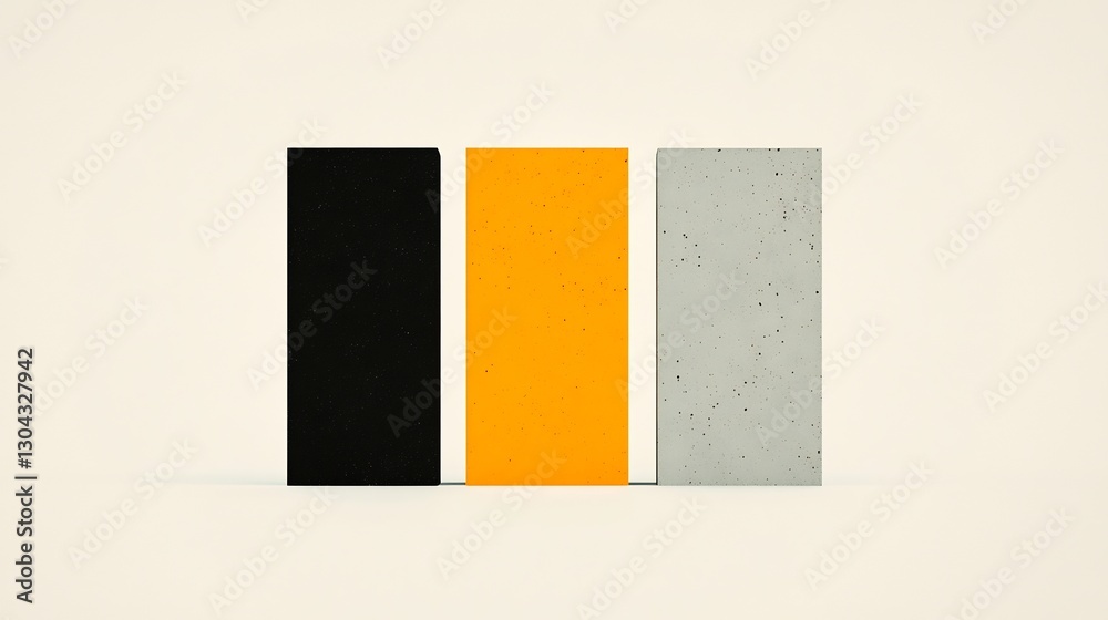 Fototapeta premium Three vertical rectangles subtly stand against a bright backdrop showcasing a bold black orange gray color palette. AI Generated