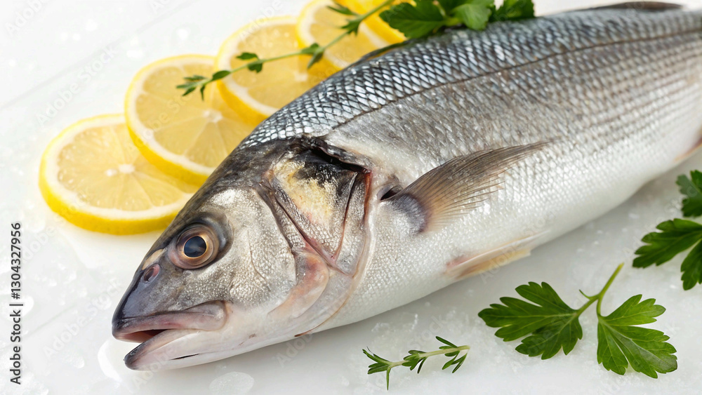 Uncooked sea bass, showcasing its silver and white hues, with a clear view of its detailed scales and eye, presented on a clean white surface Uncooked sea bass, showcasing its silver and white hues, with a clear view of its detailed scales and eye, presented on a clean white surface