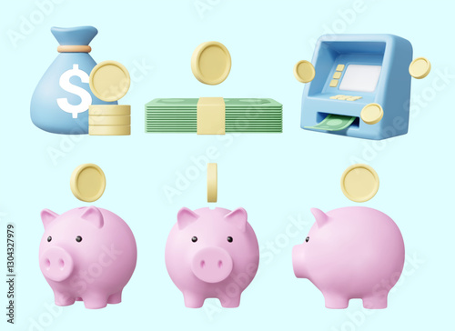 Set of 3D rendered vector icons. Finance theme including piggy bank, gold coins, banknotes, ATM and money bag. Saving concept, financial transactions, investment, budget management isolated on blue