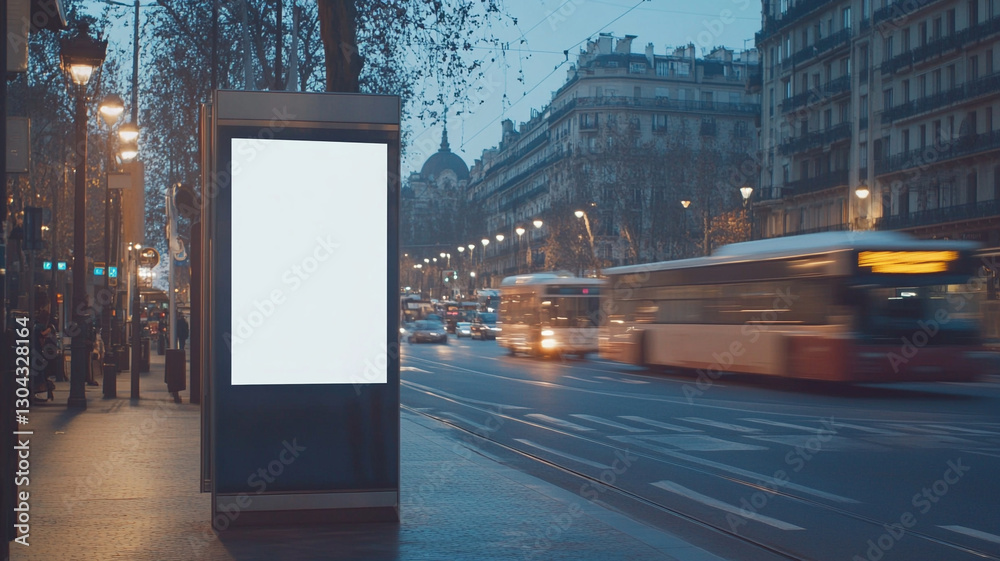 A blank white poster mockup on an urban bus stop A blank white poster mockup on an urban bus stop