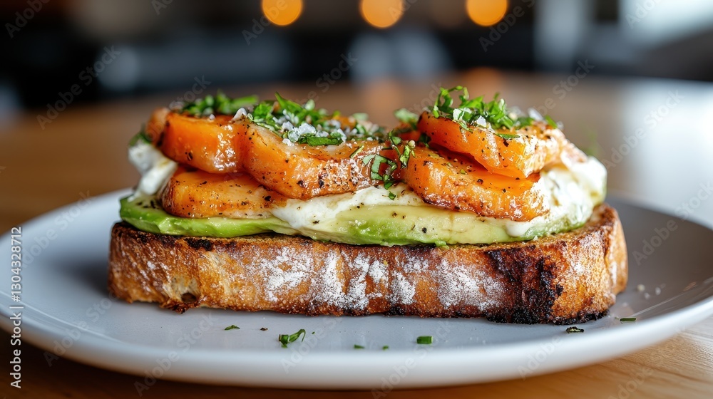 This close-up showcases a beautifully plated toast topped with succulent shrimp, creamy avocado, and a sprinkle of fresh herbs, perfect for gourmet food lovers. This close-up showcases a beautifully plated toast topped with succulent shrimp, creamy avocado, and a sprinkle of fresh herbs, perfect for gourmet food lovers.