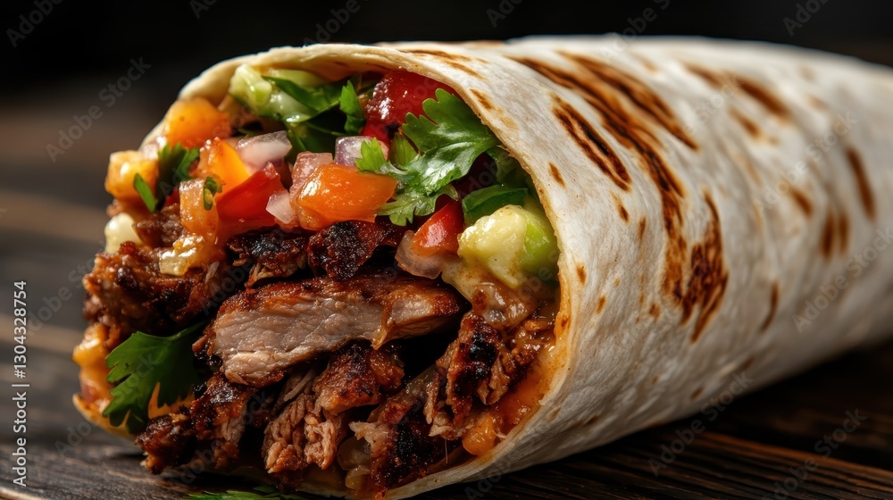 A mouth-watering steak burrito filled to the brim with juicy meat, fresh vegetables, and herbs, perfect for those craving a robust and flavorful meal experience. A mouth-watering steak burrito filled to the brim with juicy meat, fresh vegetables, and herbs, perfect for those craving a robust and flavorful meal experience.