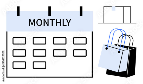 Grid-based monthly calendar, shopping bags, storefront. Ideal for retail schedule planning, marketing strategy, sales forecast, consumer behavior, budgeting, business growth time management