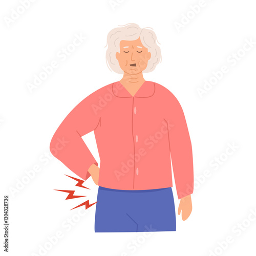 Elderly woman suffering from lower back pain, holding her waist with a pained expression. Concept of aging, arthritis, spinal problems. Medical healthcare illustration. Flat Style Vector Illustration.
