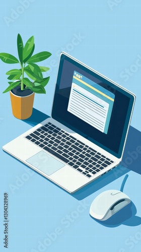 Laptop on Desk: A minimalist illustration showcasing a laptop displaying a webpage, accompanied by a potted plant and a computer mouse on a pale blue surface. 