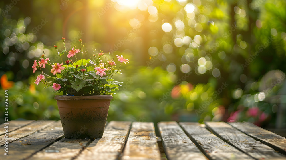 Fototapeta premium potted plant wooden table middle garden bright daylight sun foreground focus colored flowers stray wood planks profile anomalous object upbeat