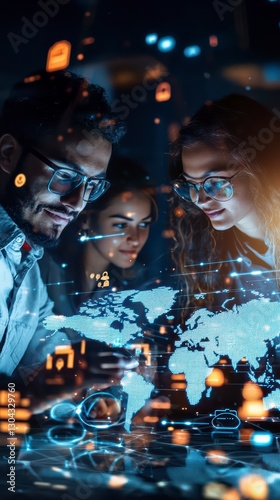 Cyber Visionaries: Tech professionals collaborating on a digital world map, immersed in a glowing interface of data streams, showcasing cutting-edge innovation and forward-thinking technology.