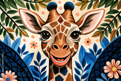 Photography giraffe portrait in funny floral background abstract cartoon illustration