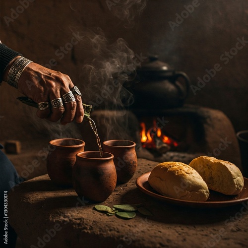 dark, atmospheric Andean tea ceremony, with coca tea being poured into ceramic cups beside a plate of local bread. photo