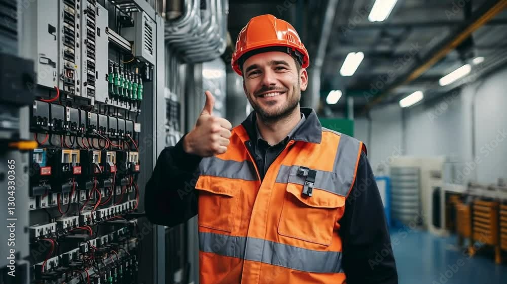 Professional Electrician in Safety Gear Giving Thumbs Up in Industrial Facility