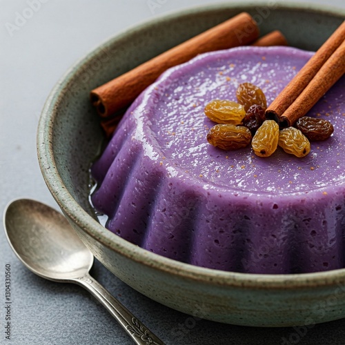 gourmet mazamorra morada, a deep purple Peruvian pudding made from purple corn, garnished with cinnamon sticks and raisins. photo