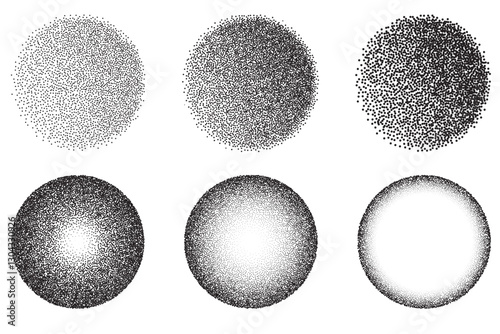 Set of gradient background with a grainy texture, scattered dots, and noise. Circular strokes form a round sphere with a radial white like stipple effect and soft shadow