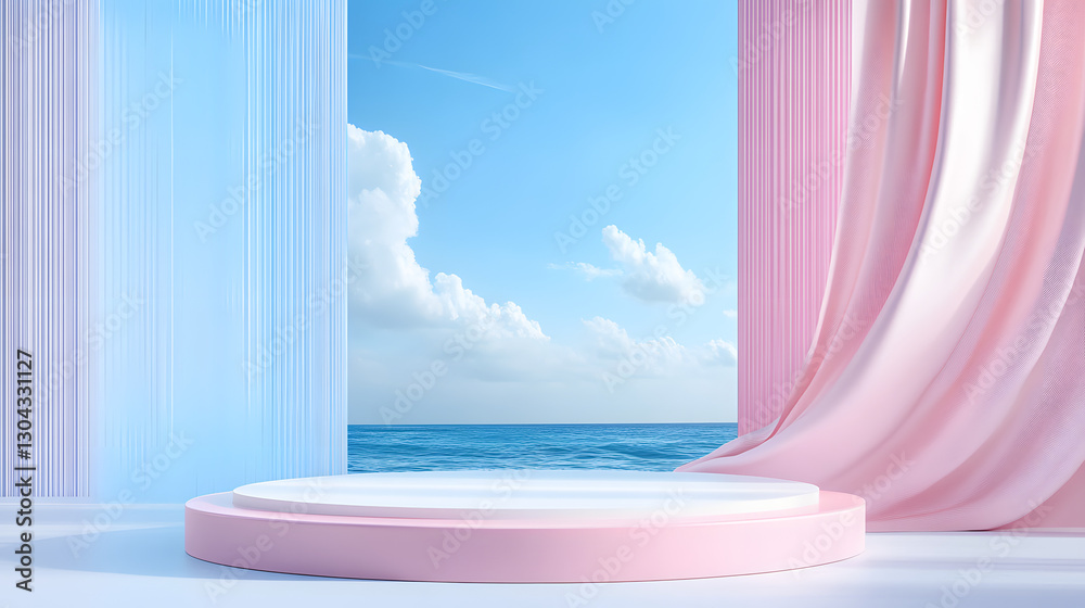 Fototapeta premium Blue sky, white curtains, and a tropical beach view with waves and the ocean