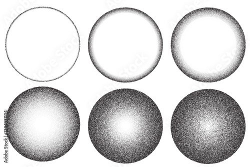 Set of gradient background with a grainy texture, scattered dots, and noise. Circular strokes form a round sphere with a radial white like stipple effect and soft shadow