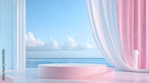 White towels on the window, table, and windowsill with a view of the blue sea, sky, and beach in a sunny summer room
