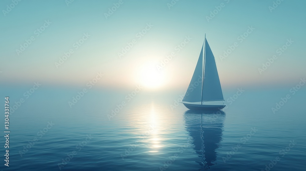 Obraz premium A tiny sailboat, like a fragile bird, glided gracefully across a tranquil blue sea, bathed in the gentle glow of a pale sun, a symphony of nature is tranquility.