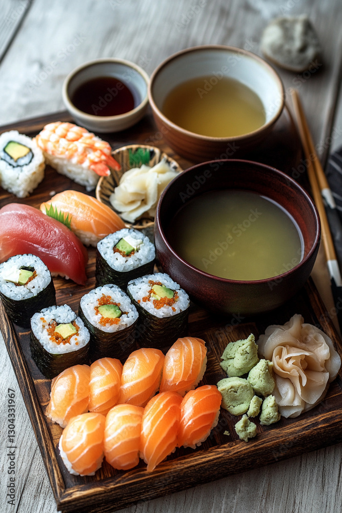 Japanese food set with sushi, sashimi, miso soup and Japanese tea Japanese food set with sushi, sashimi, miso soup and Japanese tea