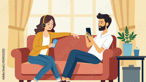Couple Relaxing at Home and Listening to Favorite Podcasts on Smartphone Apps Together