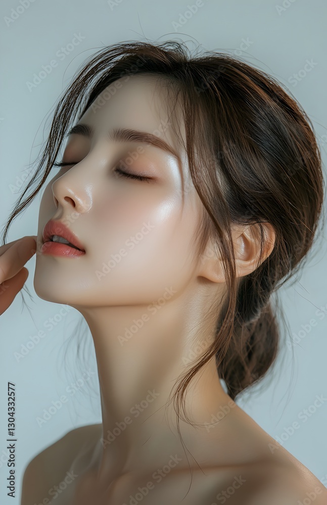 Woman with long hair posed against a white background, signifying grace and modern style