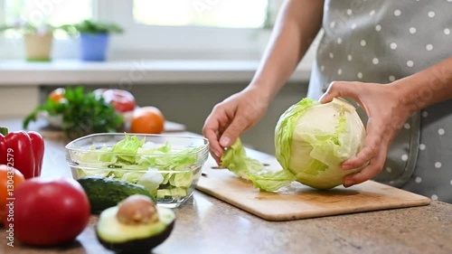 Closeup female hands tear off iceberg lettuce leaves.  Woman  is cooking healthy food in kitchen with vegetables for breakfast or lunch.