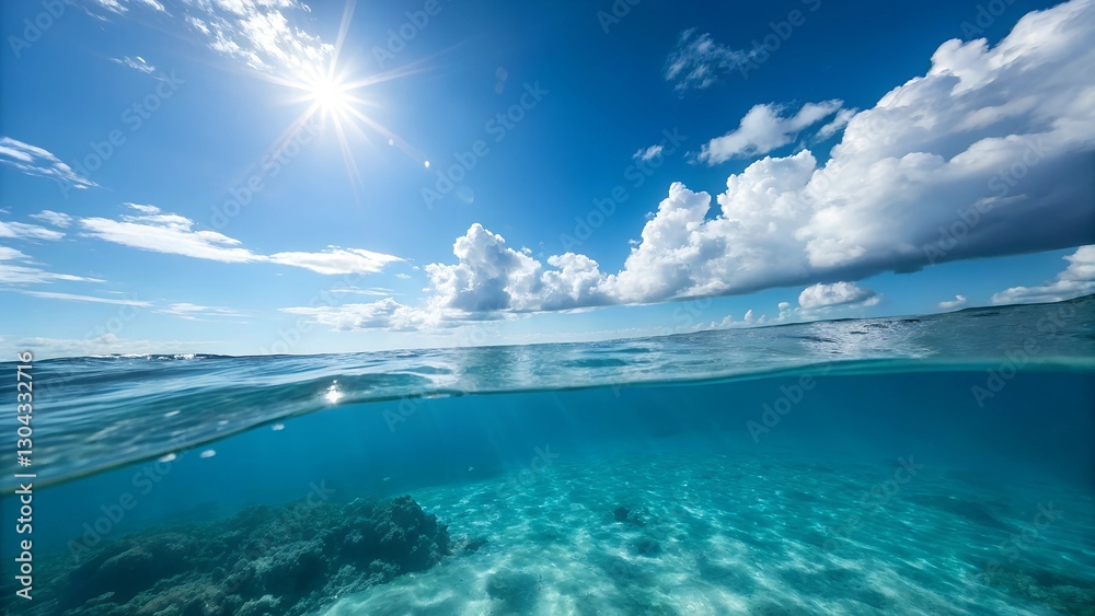 Fototapeta premium Blue summer skies with white clouds meet the calm ocean horizon