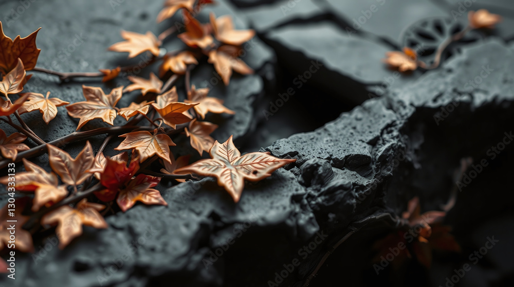 Clay art in pure black aesthetic: A hyper-detailed clay sculpture of a drainage channel, adorned with autumn foliage and vines, is showcased in a bold, jet-black style with chiaroscuro lighting. Clay art in pure black aesthetic: A hyper-detailed clay sculpture of a drainage channel, adorned with autumn foliage and vines, is showcased in a bold, jet-black style with chiaroscuro lighting.