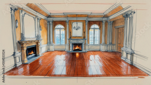 Drawing of empty room with fireplace. Fireplace is on, wood floor and light walls. Large windows show landscape.