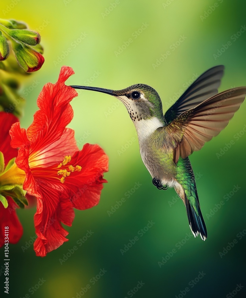 Fototapeta premium Hummingbird feeding on vibrant red flower in a lush garden